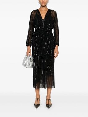 Maje Reota Asymmetrical Black Sequined Midi  V-Neck Long-Sleeve Midi Dress